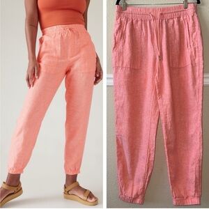 Athleta 100% Linen Retreat Jogger Elastic Waist Peach Coral Pink Size 10